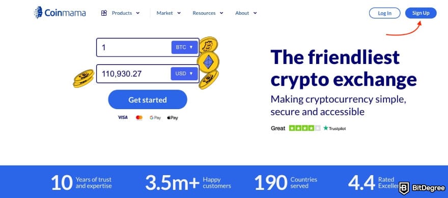 Coinmama Cyber Monday: a red arrow pointing to the [Sign Up] button on Coinmama's page.