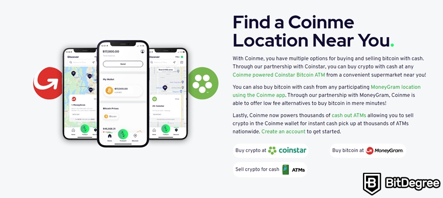 Análise da Coinme: localizações no site e aplicativo da Coinme.