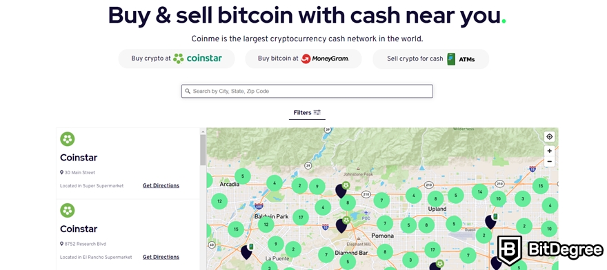 Análise da Coinme: o recurso de mapa no site da Coinme.