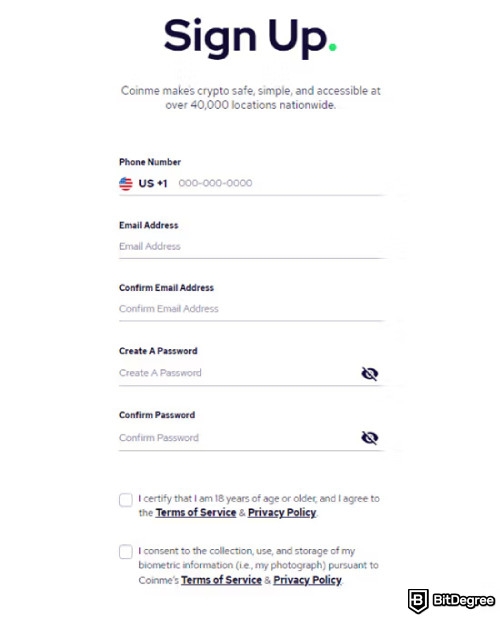 Coinme reviews: the sign up form.