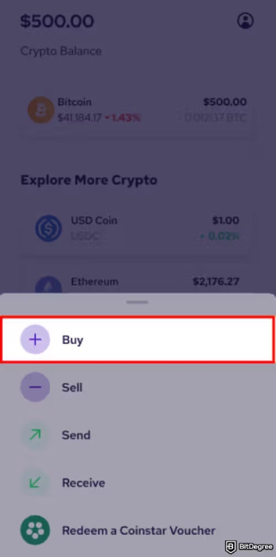 Coinme reviews: the "+ Buy" button.