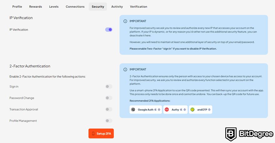 Coinmetro review: IP verification and two-factor authentication settings.