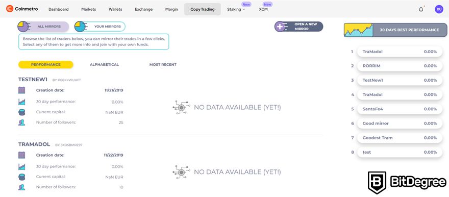 Coinmetro отзывы и обзор: панель управления копитрейдинга.