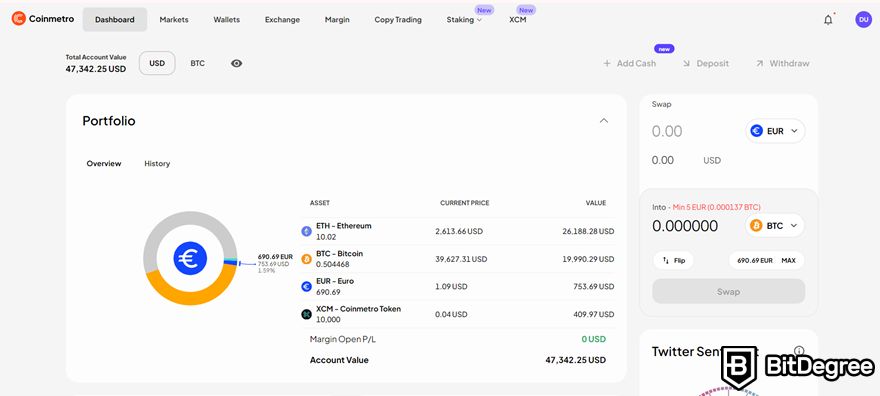 Coinmetro review: dashboard on the desktop version.