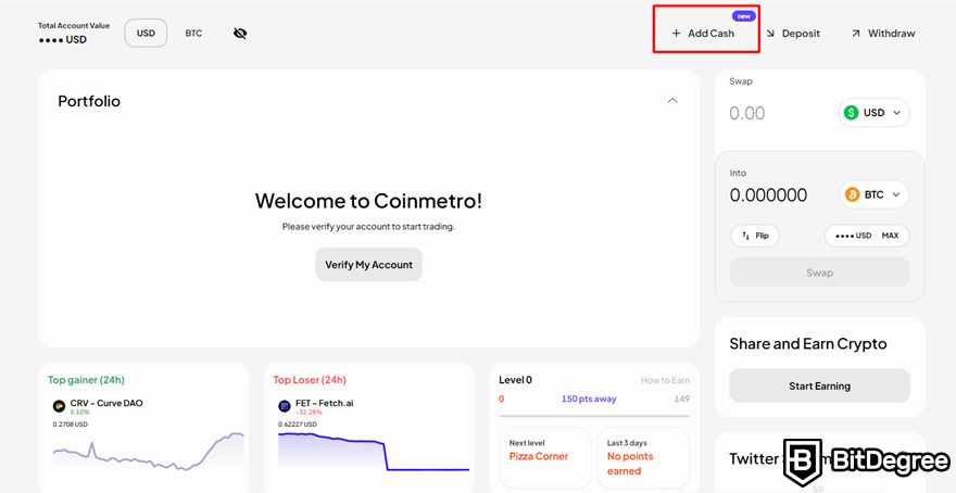 Coinmetro review: the Add Cash button on the dashboard highlighted.