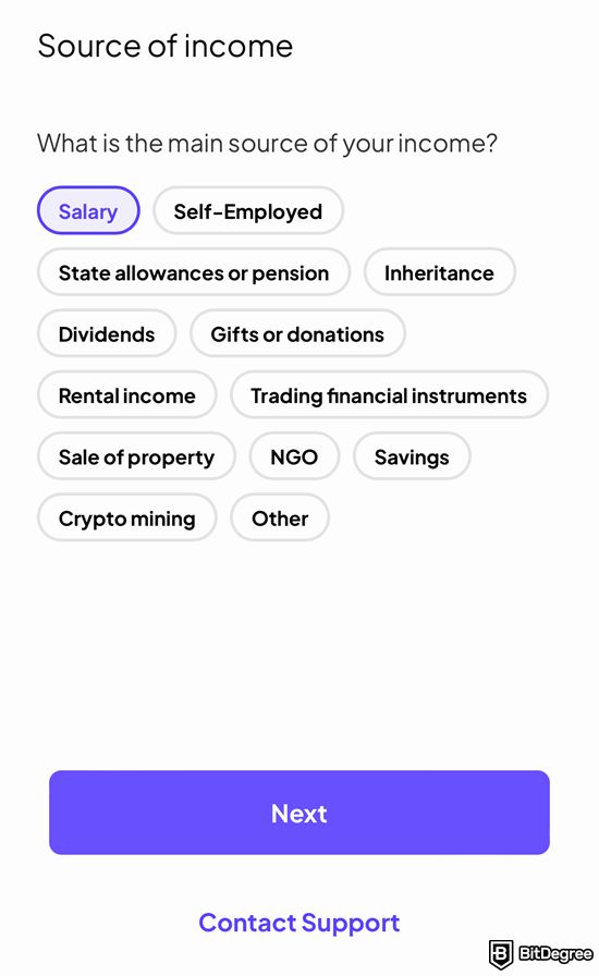 Coinmetro review: personal verification to input the user's source of income.