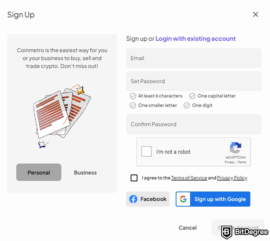 Coinmetro review: signup form.