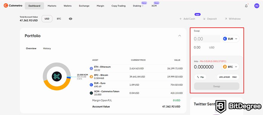 Reseña Coinmetro: el widget Swap en el panel de control.