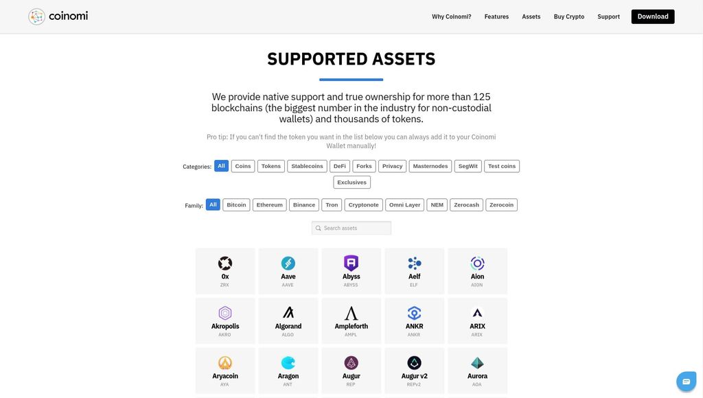 Coinomi wallet review: a preview of the Coinomi's supported assets page.