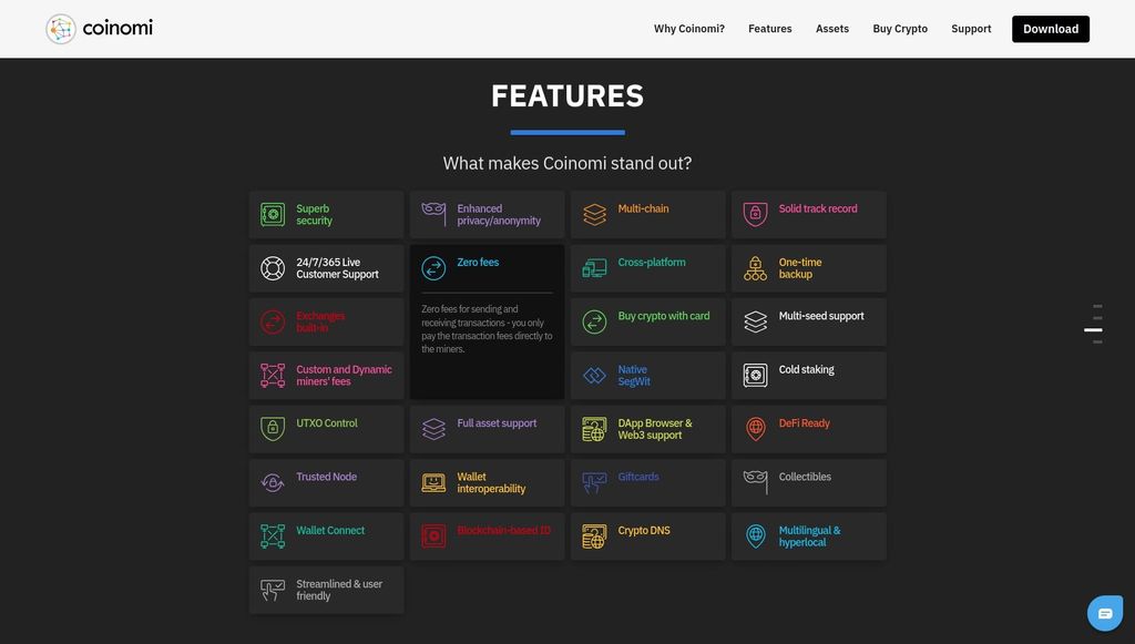 Coinomi wallet review: a list of Coinomi features with the the Zero Fees card expanded.