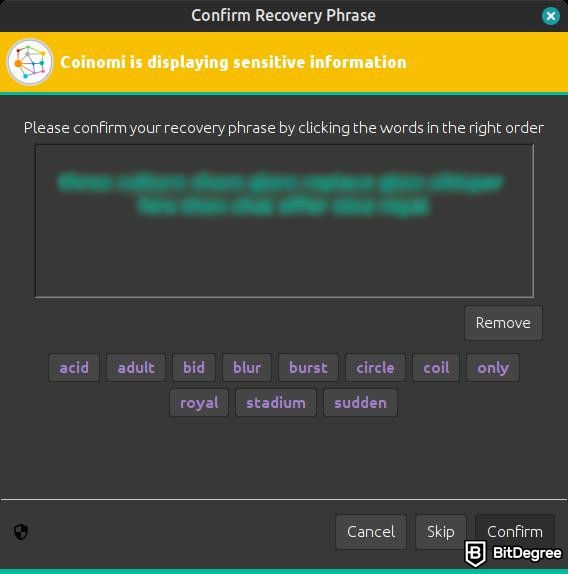 Coinomi wallet review: the Coinomi's recovery phrase confirmation window.