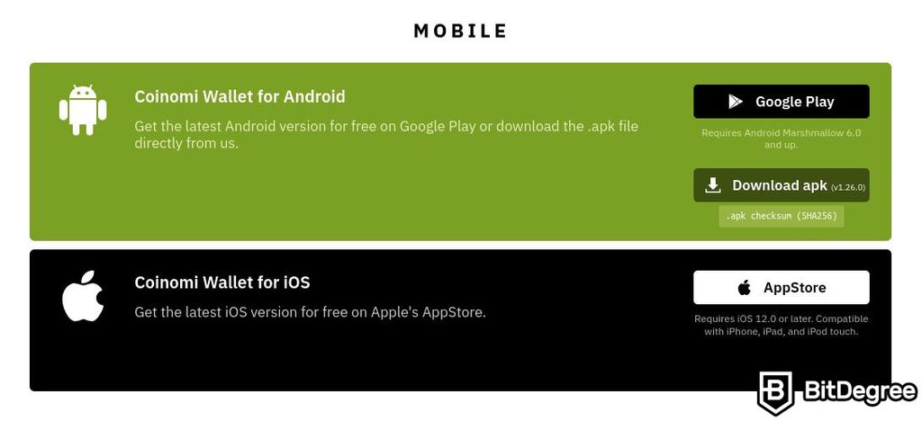 Coinomi wallet review: a preview of Coinomi mobile download section.