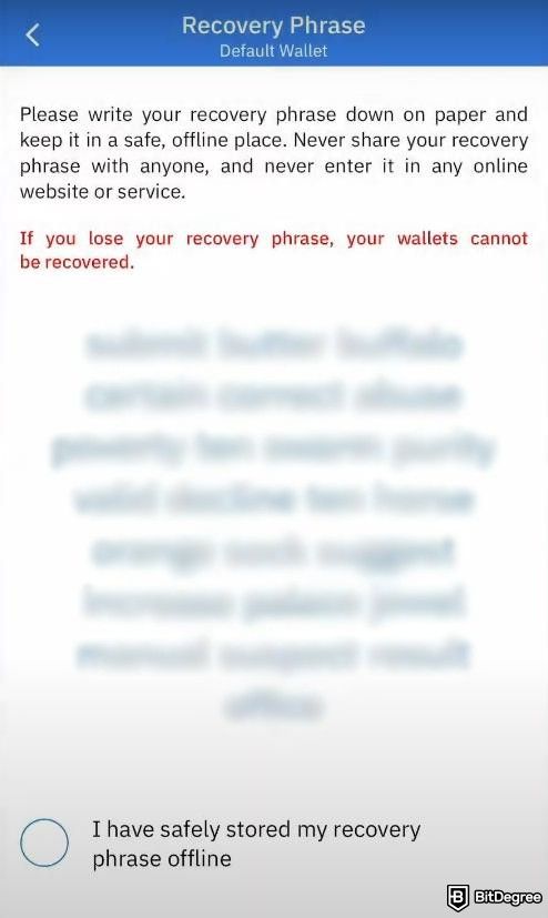 Coinomi wallet review: a preview of 24-word recovery phrase on Coinomi mobile app.