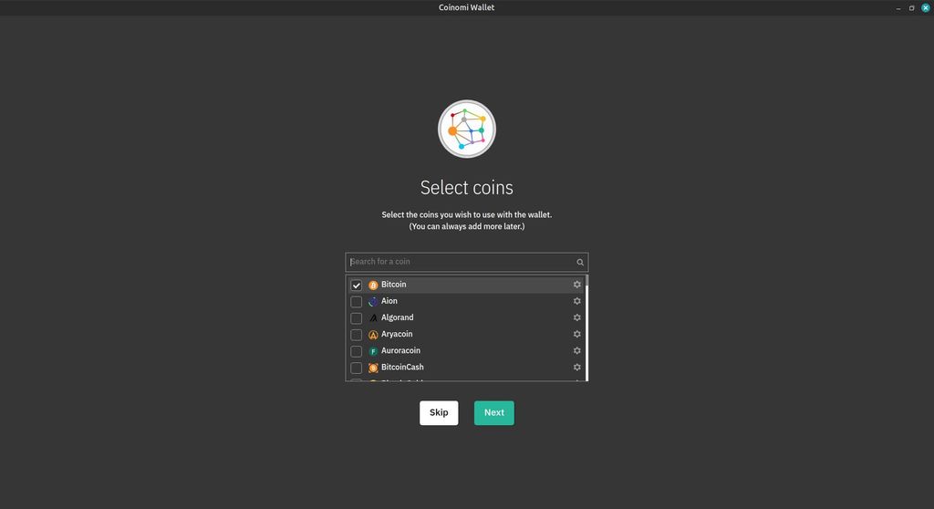 Coinomi wallet review: a preview of the Coinomi desktop app's Select Coins screen.