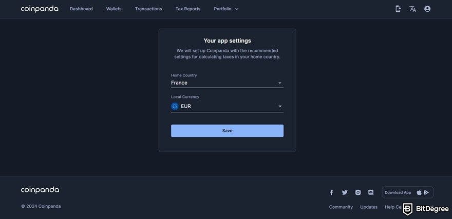 Coinpanda review: selecting home country and local currency.