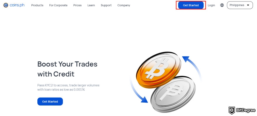 Coins.ph review: "Get Started" button.