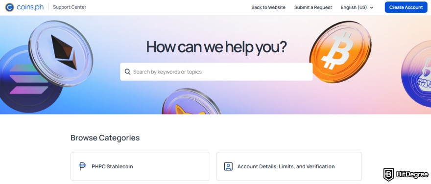 Coins.ph review: Help Center page.