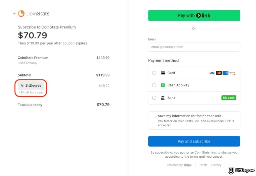 CoinStats promo code: the checkout page on CoinStats. CoinStats promo code: the checkout page on CoinStats.
