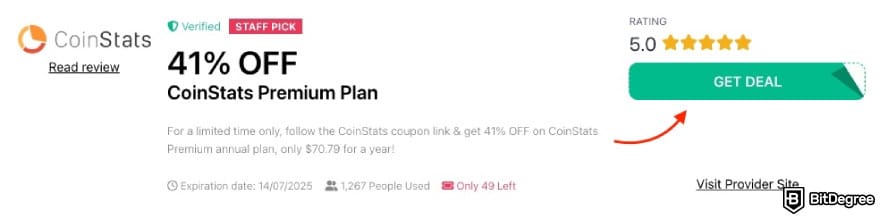CoinStats promo code: a red arrow pointing to the [GET DEAL] button on BitDegree's page.