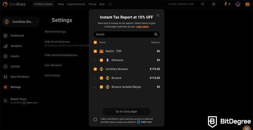 CoinStats review: tax report.