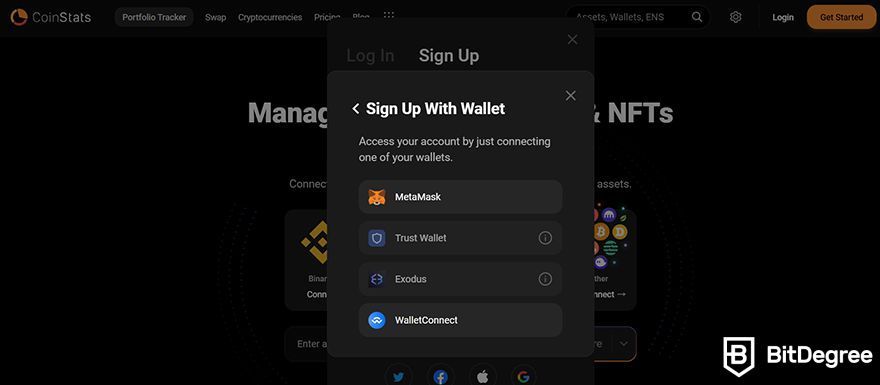 CoinStats review: sign up with wallet.