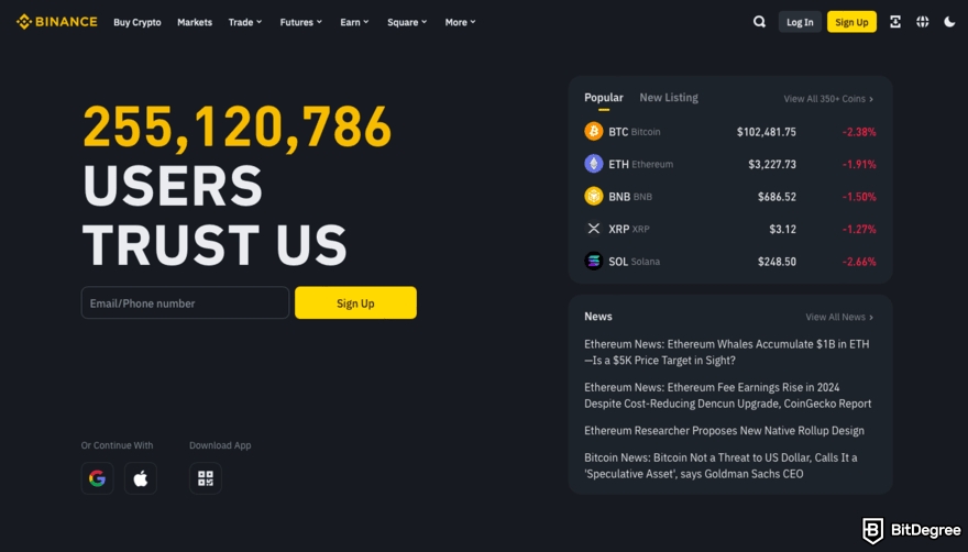 CoinSwitch review: a screenshot of Binance homepage.