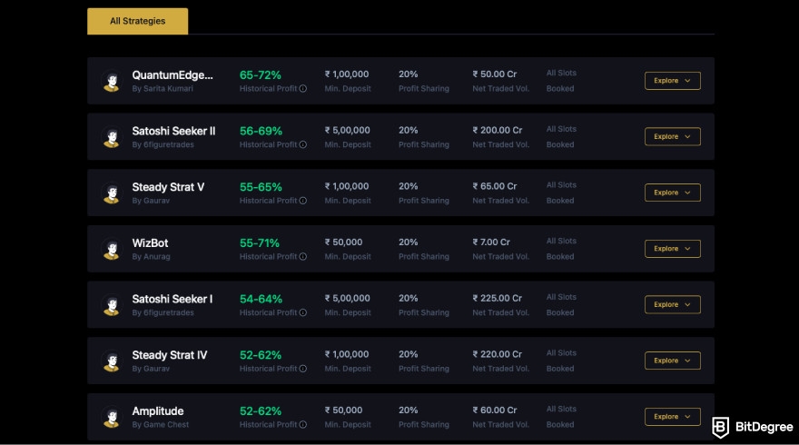 CoinSwitch review: a screenshot of CoinSwitch trading bots.