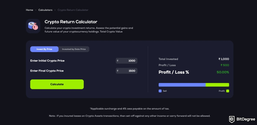 CoinSwitch review: a screenshot of CoinSwitch crypto return calculator.