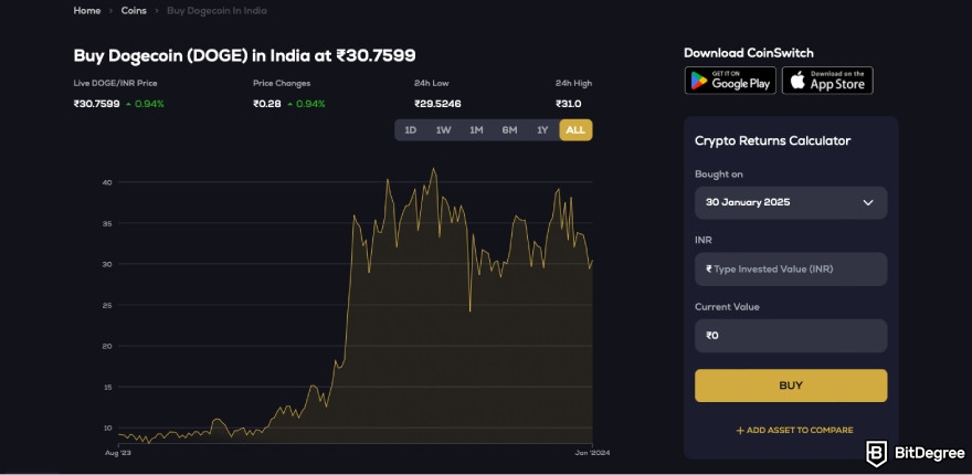 CoinSwitch review: a screenshot of the Buy page.