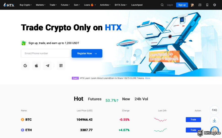 CoinSwitch review: a screenshot of Huobi/HTX homepage.