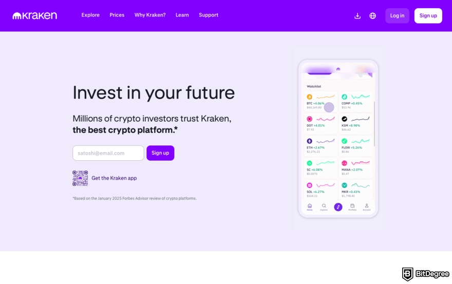 CoinSwitch review: a screenshot of Kraken homepage.