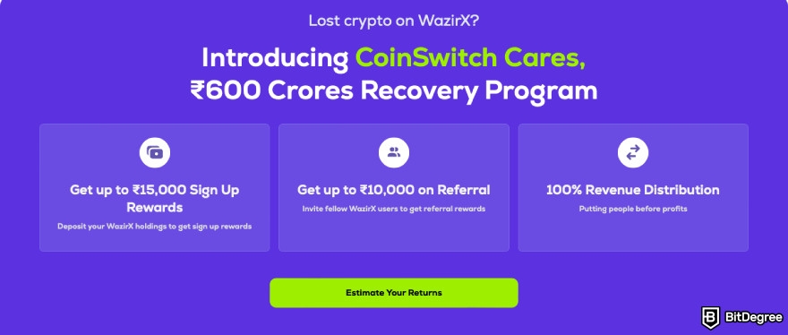 CoinSwitch review: a screenshot of CoinSwitch Recovery program description.