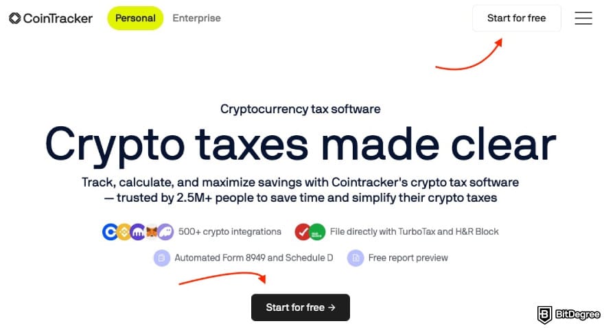 CoinTracker promo code: two red arrows pointing to the [Start for free] buttons on CoinTracker's page.