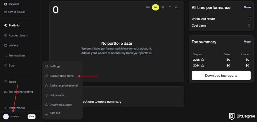 CoinTracker promo code: one red arrow pointing to the account icon and the other to the [Subscription plans] option.