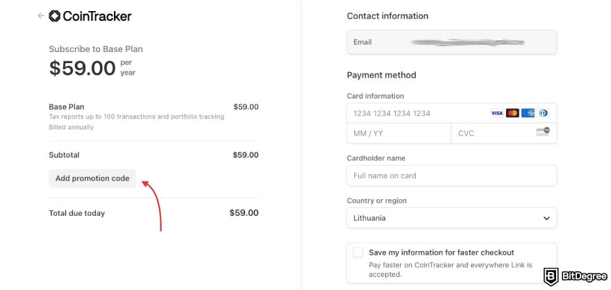 CoinTracker promo code: a red arrow pointing to the [Add promotion code] button.