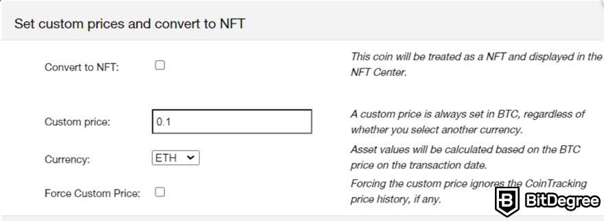 CoinTracking review: a form to set custom prices and convert to NFT.