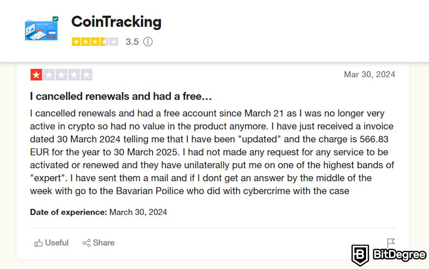 CoinTracking review: one-star review about CoinTracking on TrustPilot.