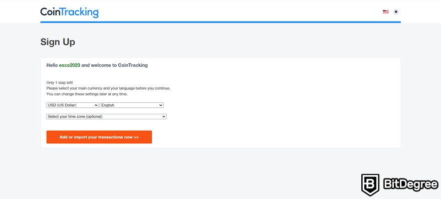 CoinTracking review: sign-up form.