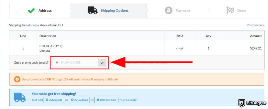 Coldcard promo code: input and apply promo code.