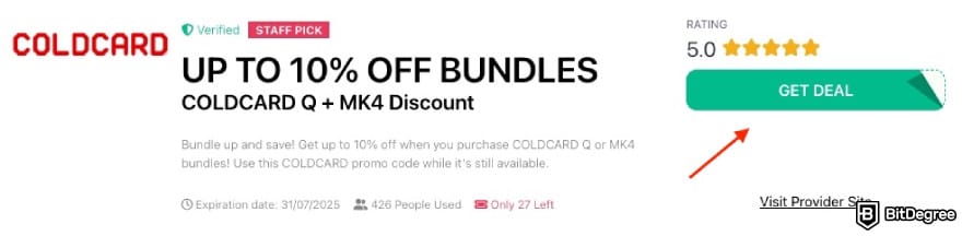 COLDCARD promo code: a red arrow pointing to the [GET DEAL] button on BitDegree's page.