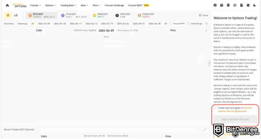 Comercio de Opciones de Binance: Abrir la cuenta en Options.