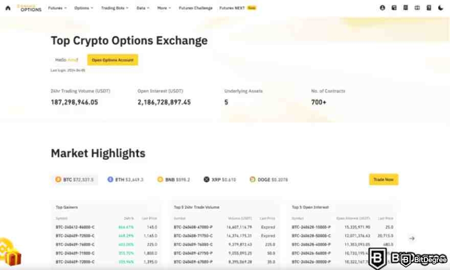 Comercio de Opciones de Binance: Página de inicio.