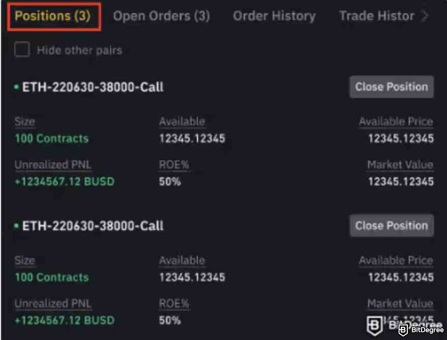 Comercio de Opciones de Binance: Posiciones abiertas.