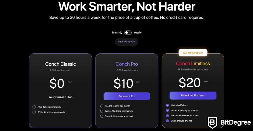 Conch AI: the pricing for Conch AI's plans.