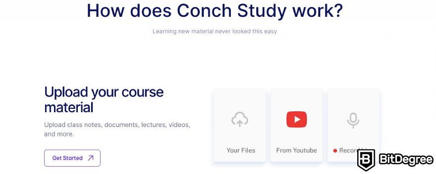 Conch AI: Conch AI displaying how the Study tool works.