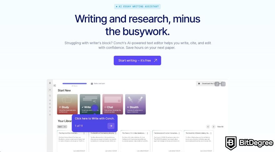 Conch AI: Conch AI displays the tool for writing on their website.