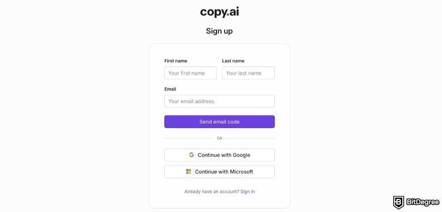 Copy.ai promo code: Copy.ai's registration page.