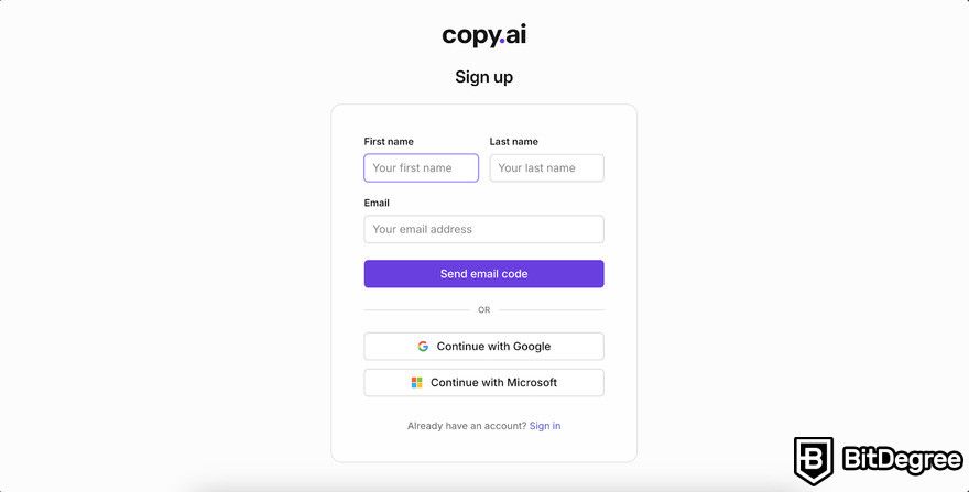 Copy AI review: login/signup form.