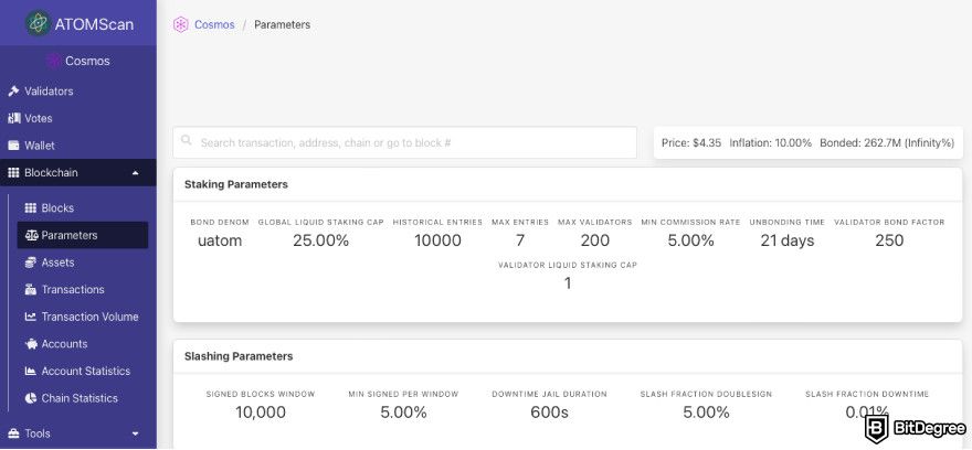 Cosmos airdrop list: a screenshot of Cosmos parameters.