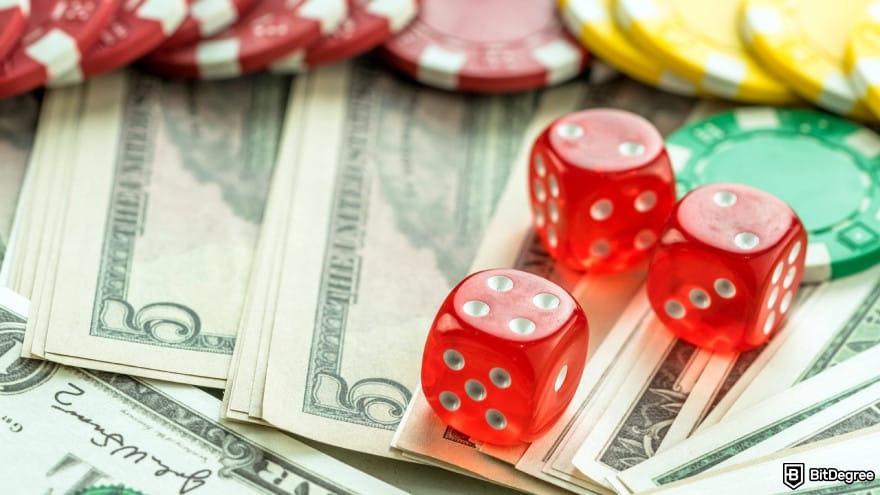 Crypto casino no deposit bonus: gambling red dice, dollars, and chips.